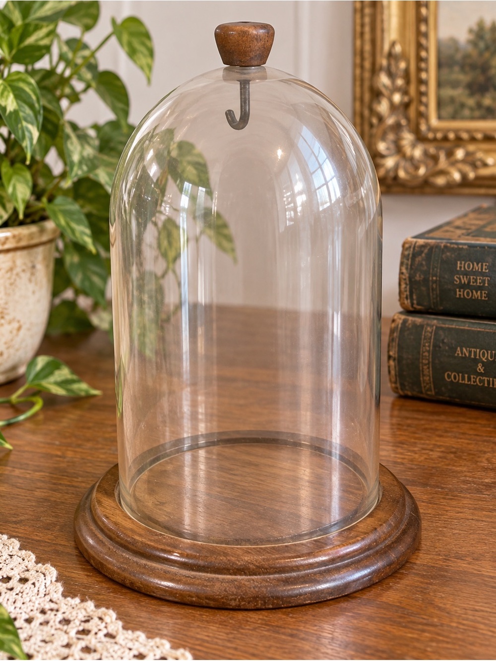 Vintage Plastic Display Cloche with Wood Base & Knob – Decorative Dome